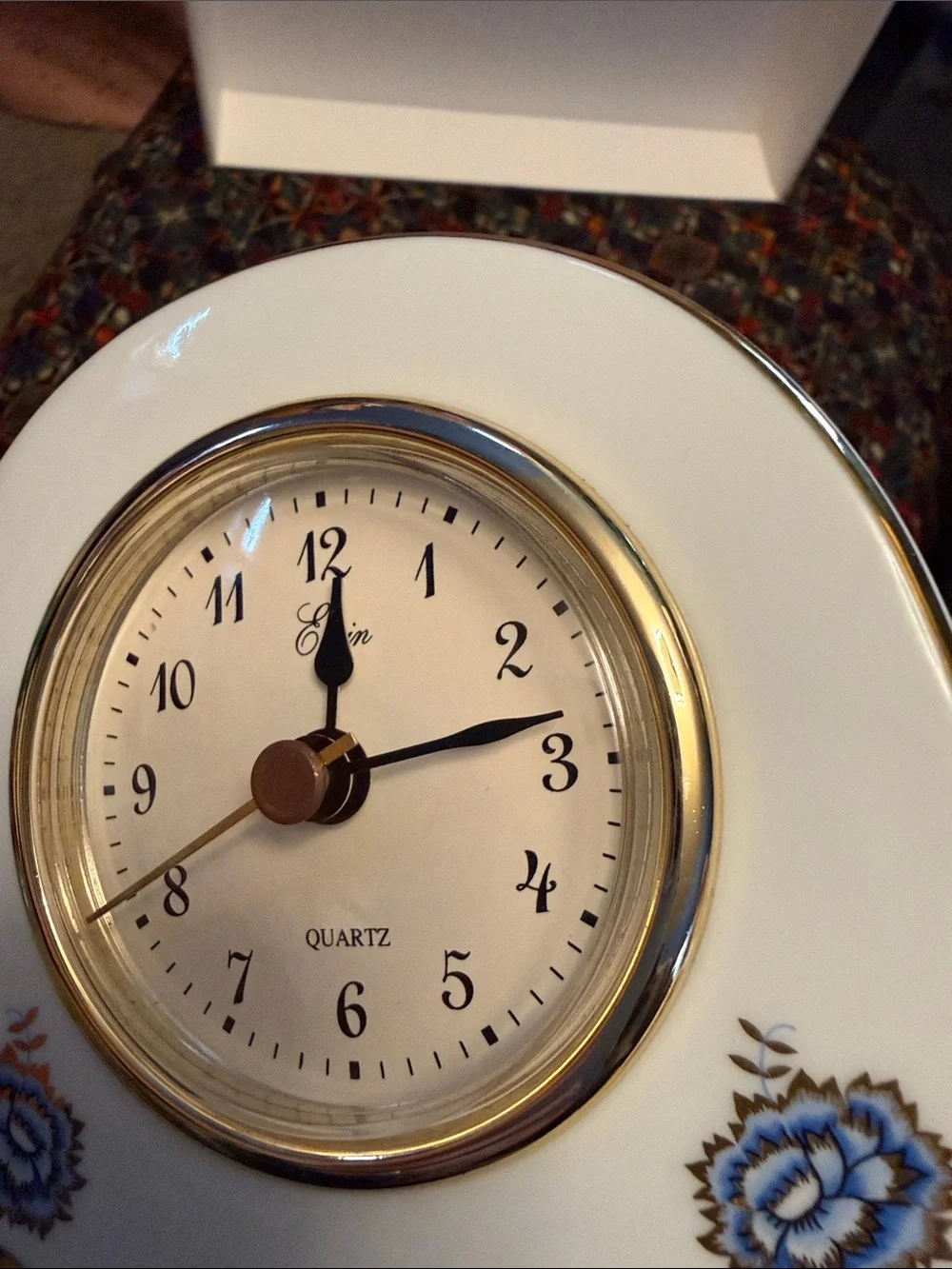 Vintage Elgin White Porcelain Mantel Clock with Blue Floral Accents-Gold trim.